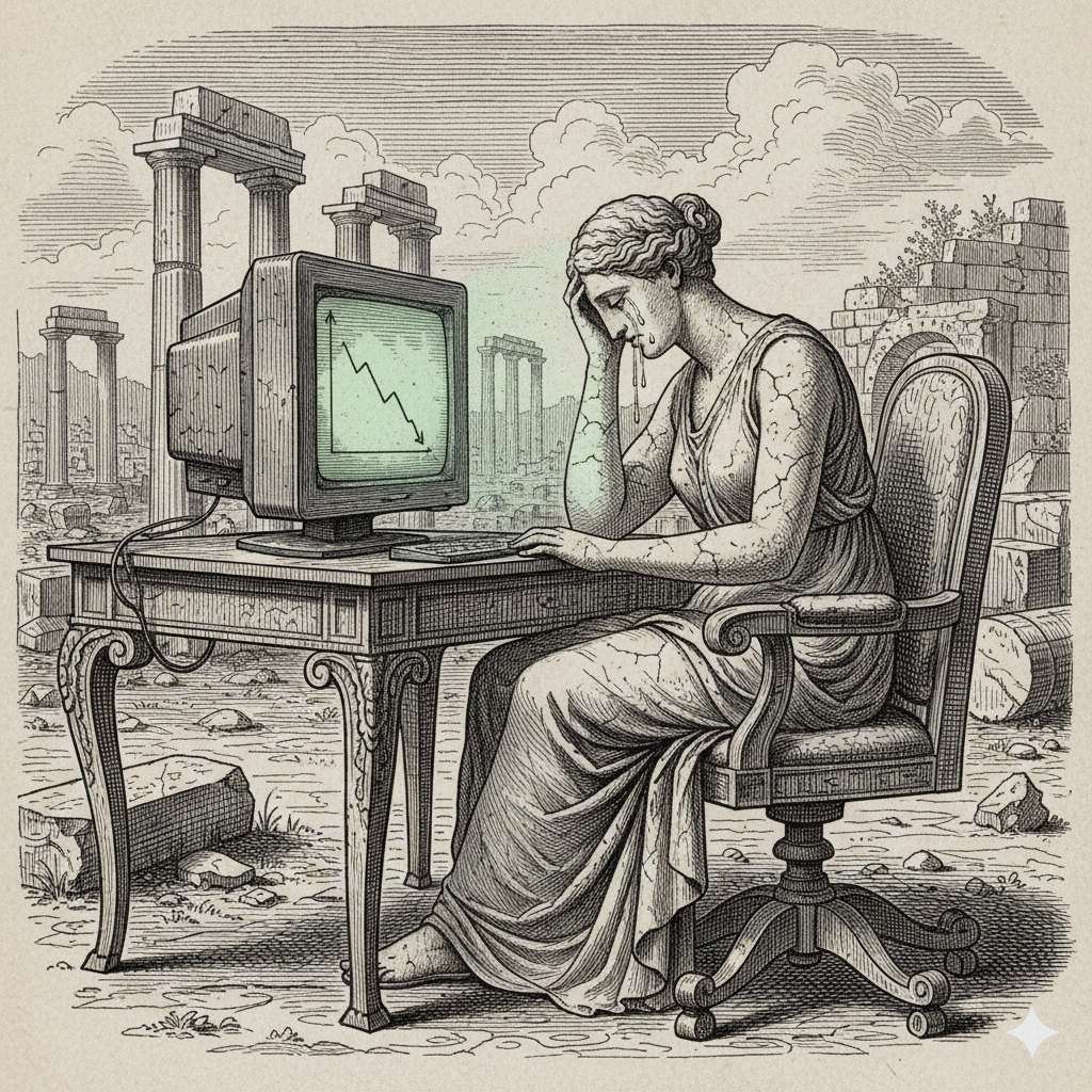 Une image de statue pleurant devant son ordinateur